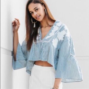 Free People Embroidered Seersucker Blouse